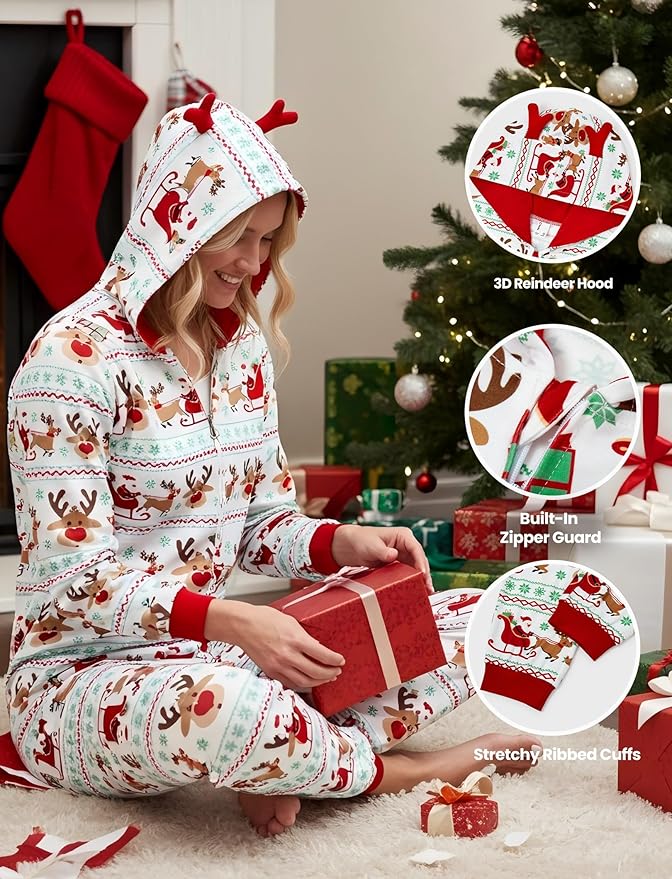 PATPAT Matching Family Christmas Onesie Pajamas – Holiday Hooded Jumpsuit Sleepwear PJs Couples Xmas Loungewear with Socks