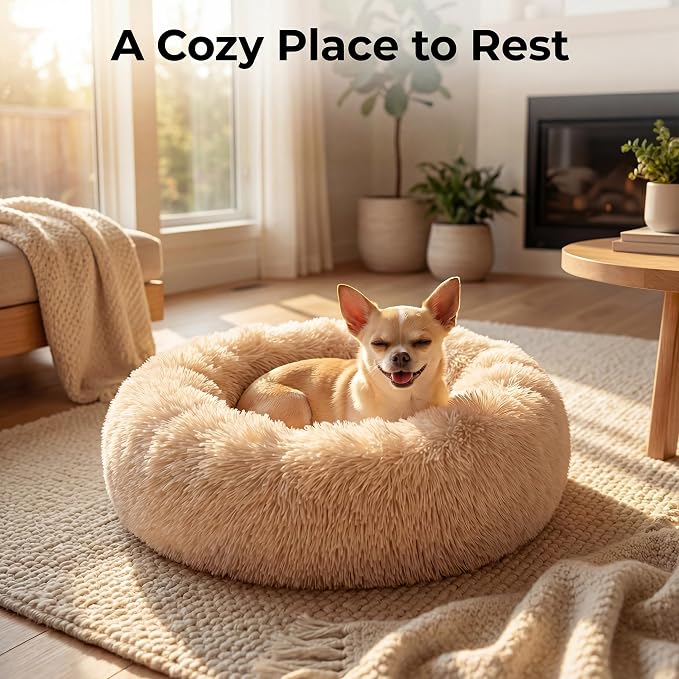 Tiny Dog Bed for Extra Small Dogs for Chihuahua Pomeranian Toy Poodle | 15 Inch Washable Puppy Bed,Soft Faux Fur Calming Donut Bed,Light Brown