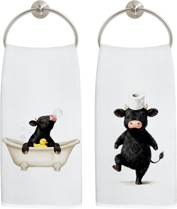 Funny Black Cow Bathroom Hand Towels, Gifts for Cows Lovers, Rubber Duck Cute Cow Decorative Hand Towels for Bathroom Washroom Restroom, 16x24 Inch Set of 2