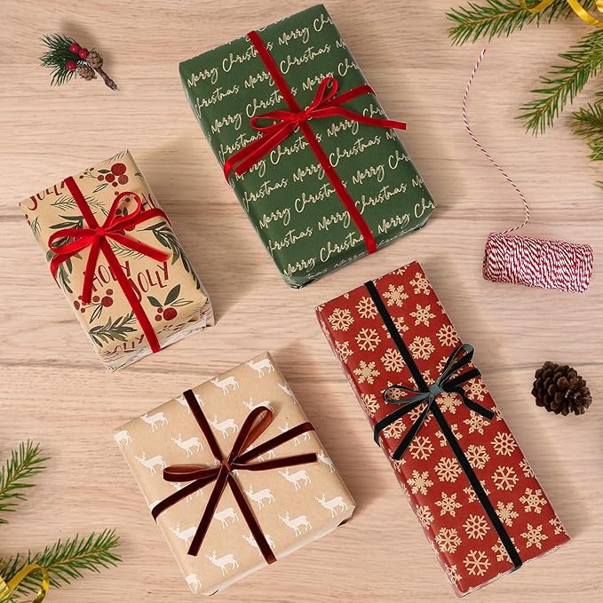 YANGTE Vintage Christmas Wrapping Paper - Brown Kraft Gift Wrap 4 Rolls, 17x120 Inch, Holiday Paper with Classic Red and Green Patterns for Xmas Gifts