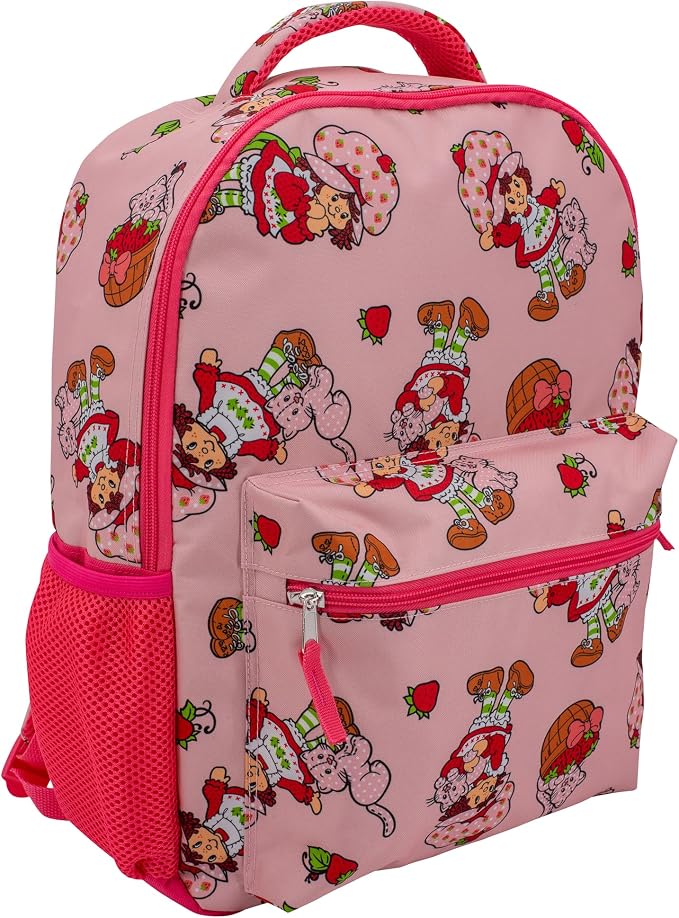 AI ACCESSORY INNOVATIONS Strawberry Shortcake 16” Backpack With Front Pocket for Girls, Allover Print Bookbag featuring Strawberry & Custard, Pink