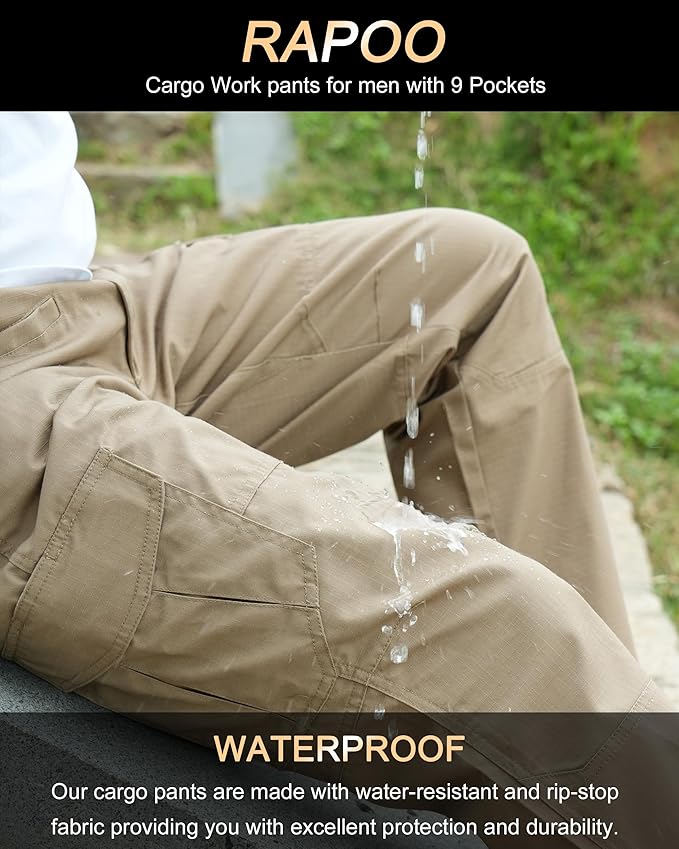 Rapoo Ripstop Water Resistant Cargo Tactical Pants for Men EDC Hiking Work Military Army Pants with 9 Pockets