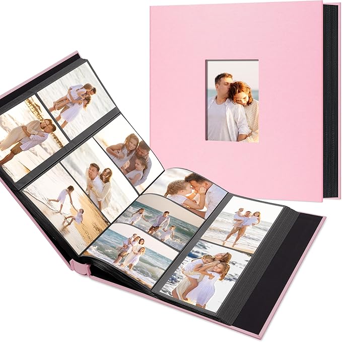 Photo Album Holds 600 Pockets with Linen Cover and Customizable Window, Fits 4x6 Photos, Archival Black Pages, Pink