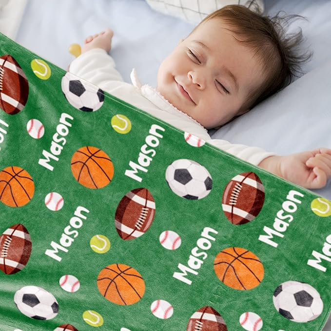 Personalized Ball Blanket with Name for Boys, Custom Name Blanket for Kids Ball, Soft Flannel Ball Toddler Blanket Customized Gift for Birthday Christmas Baby Shower Newborn Gift 60x80in