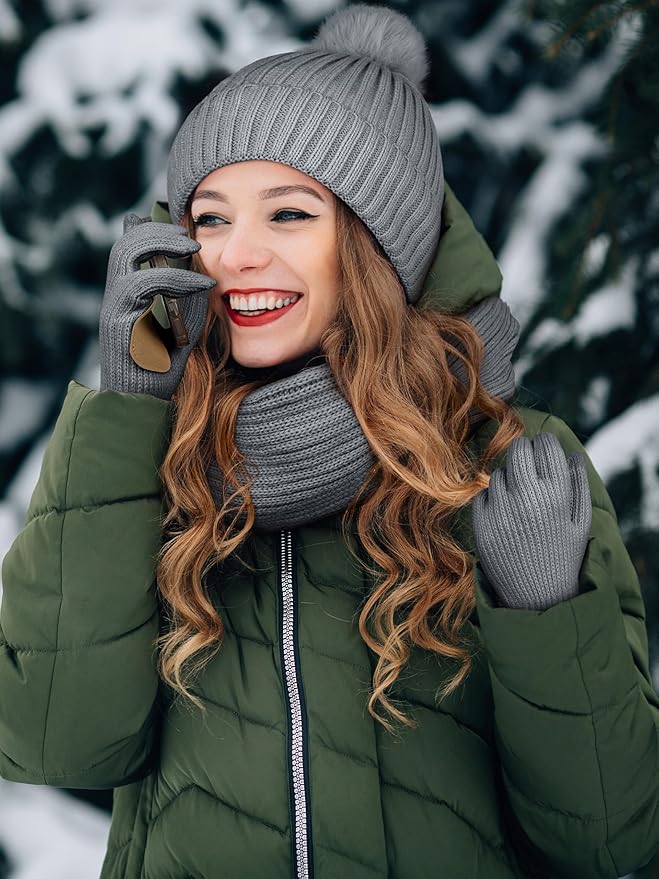 LOROME Women Winter Beanie Hat Scarf Gloves Set, Fleece Knitted Pompom Hat Warm Neck Scarf Touchscreen Gloves Winter Gift