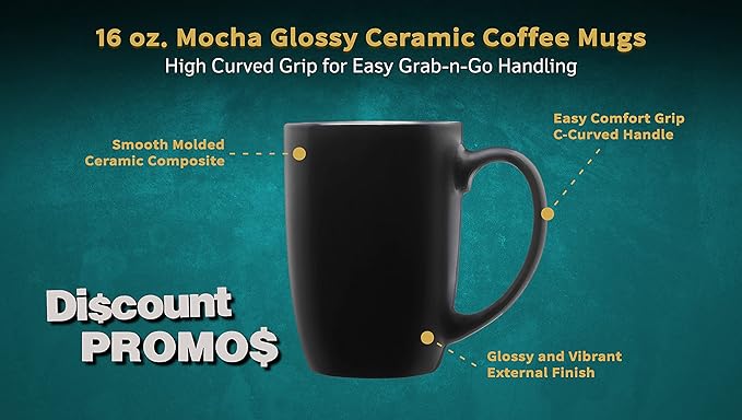 DISCOUNT PROMOS 10 Large Mocha Glossy Ceramic Coffee Mugs Set, 16 oz. - Stoneware, Smooth, Durable, C-handle - Black