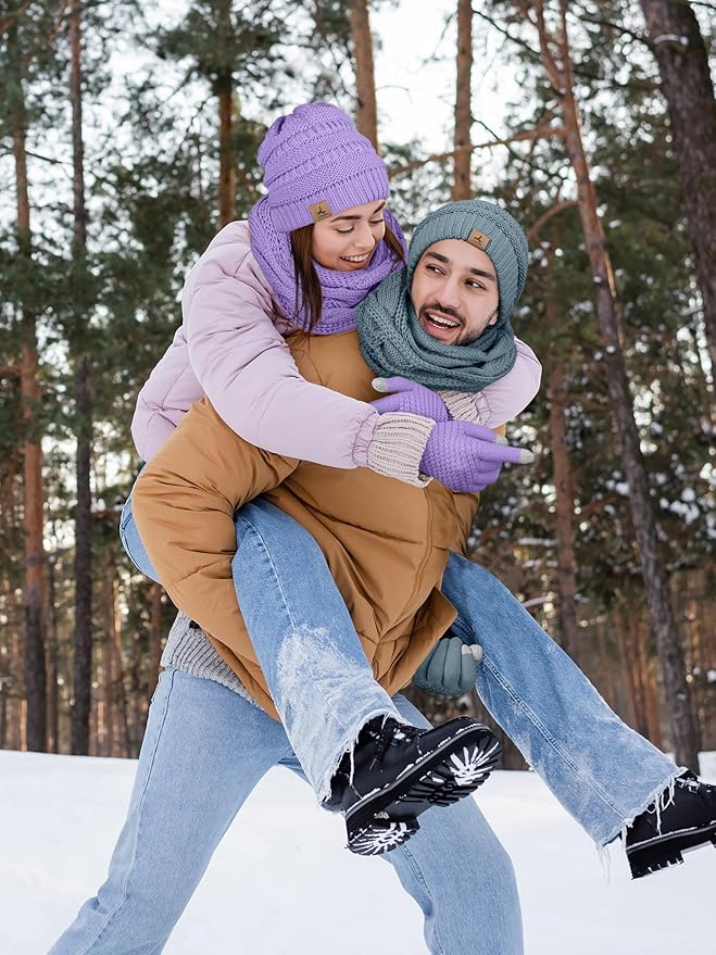 Winter Beanie Hat Scarf Gloves, Warm Fleece Knit Hats Touch Screen Gloves Neck Scarf Set Winter Gifts for Unisex Adult