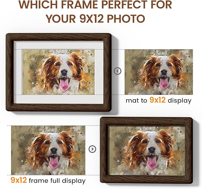 9x12 Picture Frame Natural Oak Wood From California-USA Walnut Color Finished with Real Tempered Glass, Handcrafted 9 x 12 Photo Frame Matted to 6x8 Wedding,Family,Graduation Picture on Table & Wall