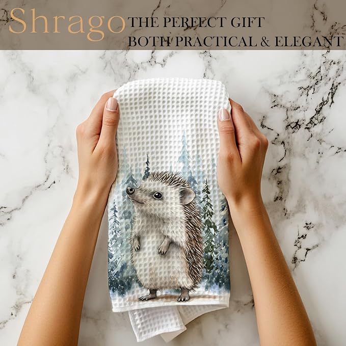 Winter Christmas Hedgehog Kitchen Towels, Hedgehog Gifts Dish Tea Towels for Kitchen, Winter Pine Tree Forest Decorative Hand Towel for Kids Bathroom Decor, 16x24 Inch