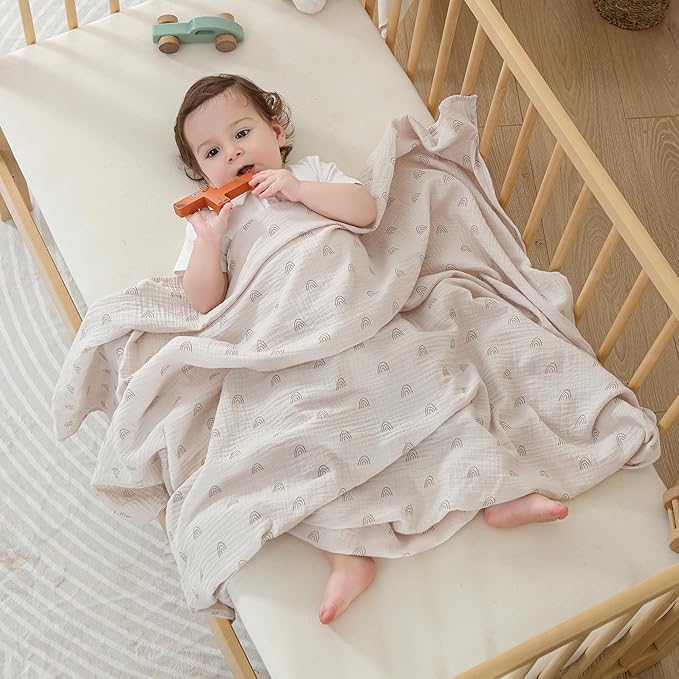 DaysU Muslin Swaddle Blankets, Receiving Blanket for Boy Girl, Cotton Muslin Swaddling Baby Blankets for Unisex Newborns Nursery, 2 Pack, 47”x47”-Rainbow+Milk Coffee