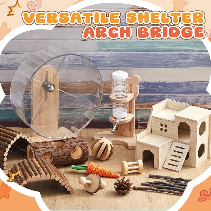 18 Pcs Hamster Cage Accessories, Silent Hamster Wheel 15 Toys Set | Maze Wood House and Water Bottle Set for Rat Mice Small Animals Habitat Decor Enrichment Starters(Natural Log Style)