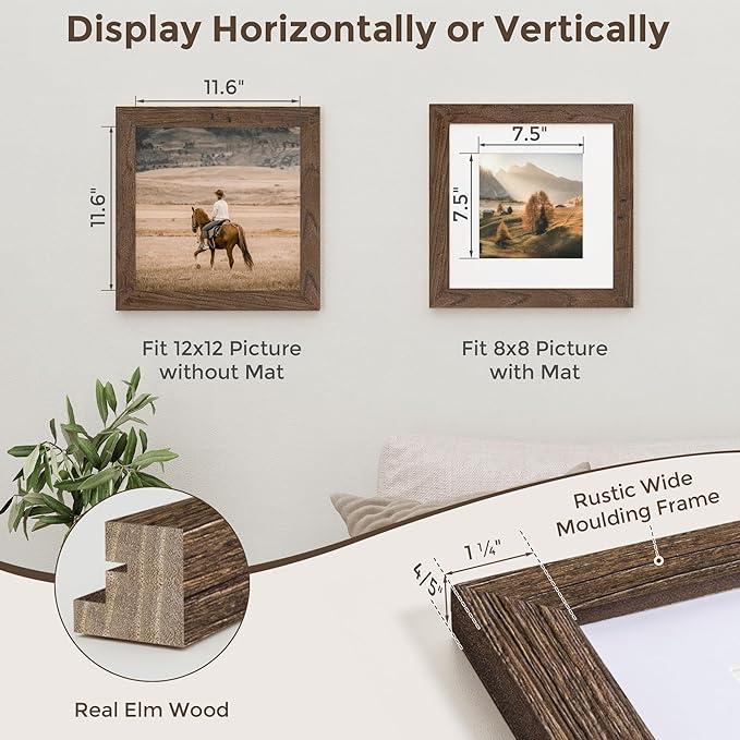 Fun Memories 12x12 Picture Frame-Real Tempered Glass, 12 x 12 Wood Photo Frame, Display Pictures 8x8 with Mat or 12x12 Without Mat, 12" x 12" Rustic Picture Frame for Wall Mounted, Walnut, 1 Pack