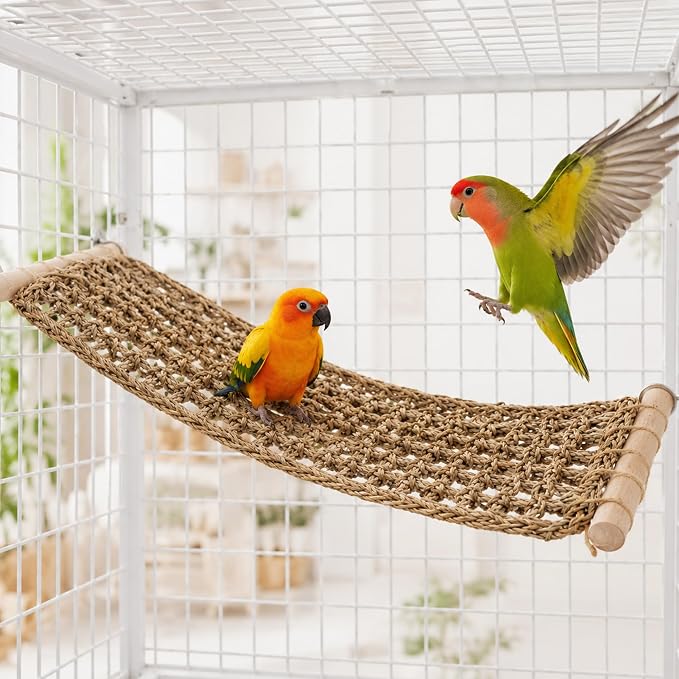FlidRunest Extra-Large 21.6x7.8IN Conure Ladder Perch for Cage, Bird Seagrass Ladder Bridge Exercise Stands, Natural Hand-Woven Parrot Net Climbing Chewing Hammock, Cage Accessories for Conure Budgie
