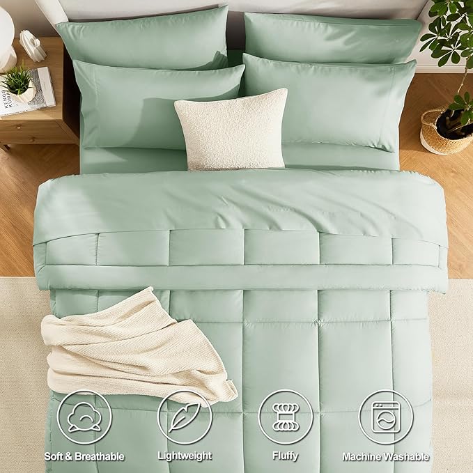 CozyLux Twin Comforter Set with Sheets Sage Green, 5 Pieces Bed in a Bag, Green Comforter Twin Size, All Season Bedding Set with Stitch Quilted Comforter, Flat Sheet, Fitted Sheet, Pillowcases