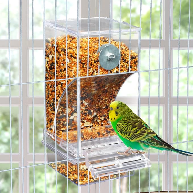 Rypet 2 Pack No-Mess Automatic Bird Feeder, Parakeet Cage Accessories | 16 oz Seed Capacity, Transparent Acrylic Food Level Check, Helps Reduce Seed Scatter, for Cockatiel Parrot Cockatoo Canary