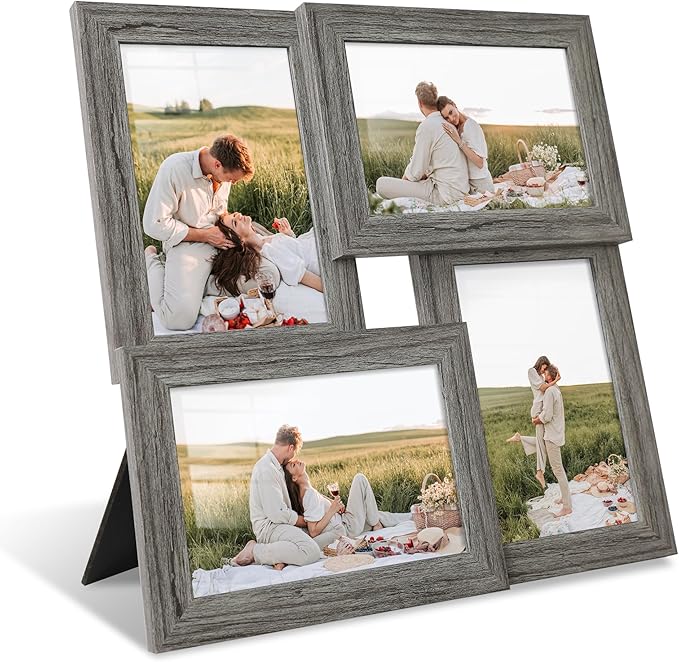 4x6 Collage Picture Frames, Multi Family Photo Frame with Real Glass, Displays Four 4x6 Photo, Wall Decor Wall Hanging or Tabletop, Grey