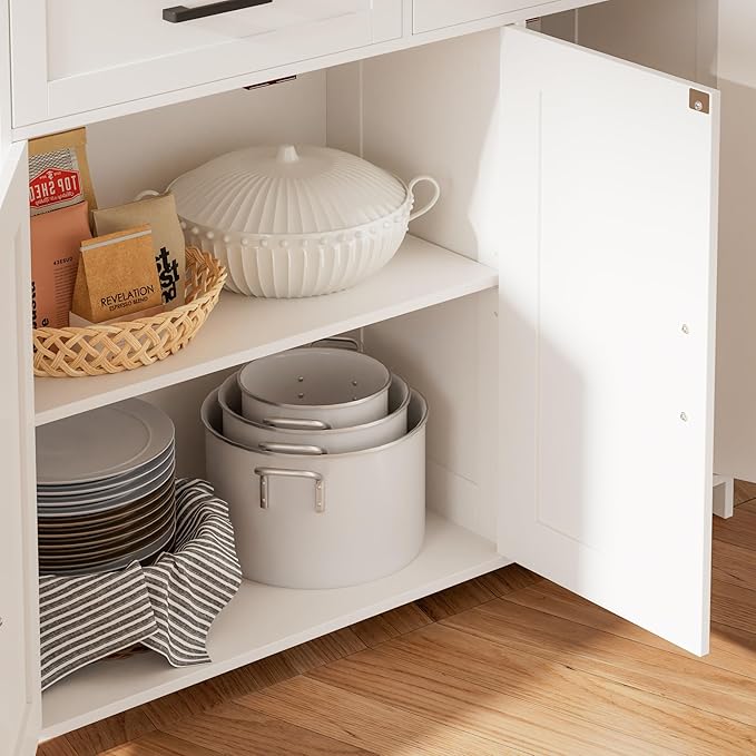 Homhedy Sideboard Buffet Cabinet, Coffee Bar Storage Cabinet with Drawers and Doors, Farmhouse Kitchen Cabinet with Adjustable Shelves, for Kitchen, Dining Room, Living Room, White
