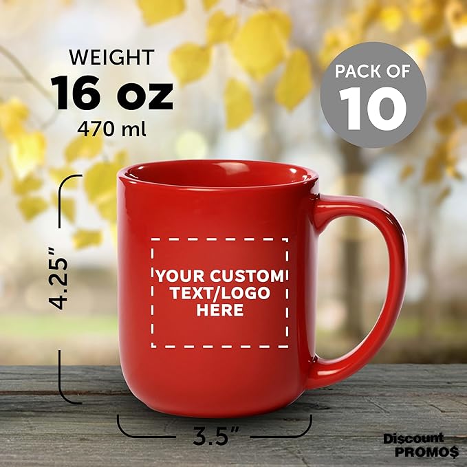 DISCOUNT PROMOS Custom Vibrant Color Glossy Ceramic Mugs 16 oz. Set of 10, Personalized Bulk Pack - Perfect for Tea, Espresso, Cappuccino, Hot Cocoa - Red