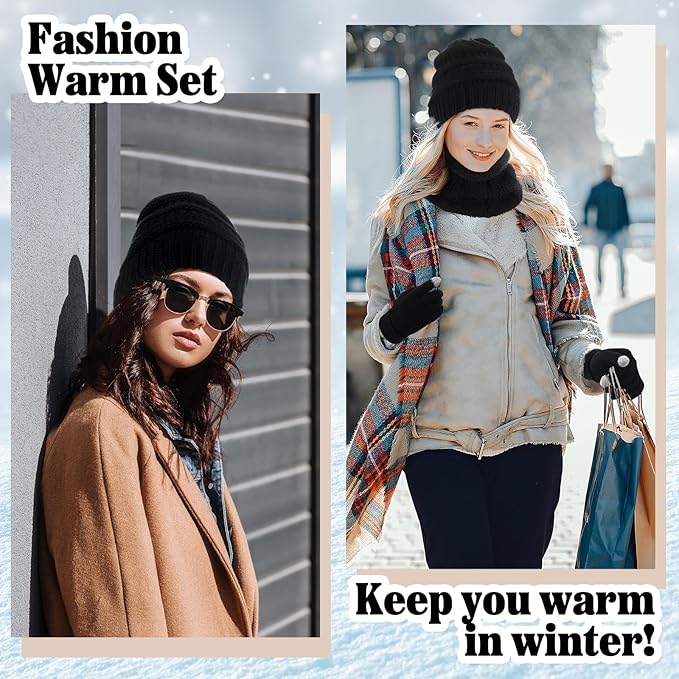 SATINIOR 5 Pcs Winter Satin Lined Hat Scarf Gloves Set Knit Pompom Beanie Warm Touchscreen Glove Earmuff Ear Warmer for Women