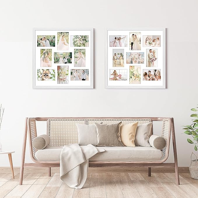 17x17 Collage frame with 9 Openings 4X6 Pictures, Multiple Picture Frame with Mat, Wall or Tabletop Decor, White Wood Grain,2 Pack
