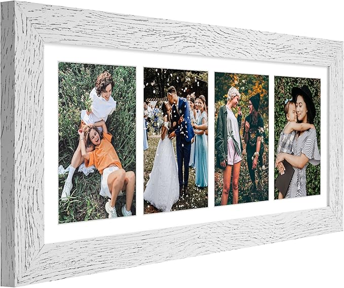 8x21 Picture Frame Display 4 opening 5x7 Collage Picture Frame,Multi Photo Frame with Mat,Plexiglass,Horizontal and Vertical Formats for Wall Decor,Distressed White Wood Grain