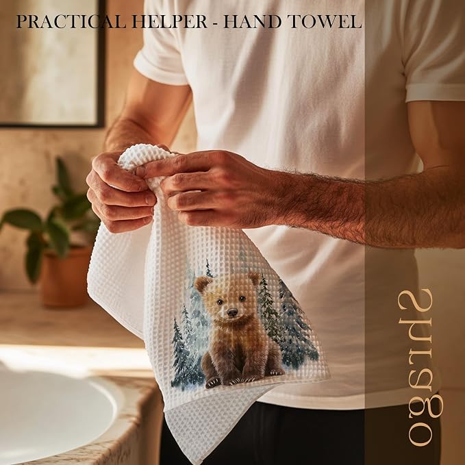 Winter Christmas Bear Kitchen Towels, Bear Lover Gifts Dish Tea Towels for Kitchen, Winter Pine Tree Forest Decorative Hand Towel for Kids Bathroom Decor, 16x24 Inch