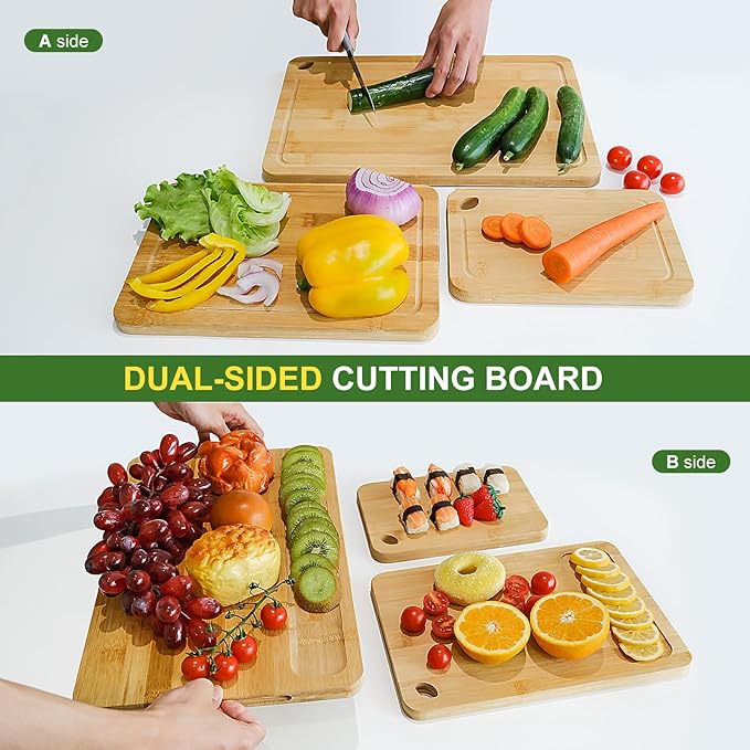 Bamboo Cutting Board Set of 3 for Kitchen, Chopping Boards with Juice Groove & Built-in Handles, Perfect for Meat, Vegetables, Fruits, Kitchen Gift for Home Cooks & Chef, Light Yellow