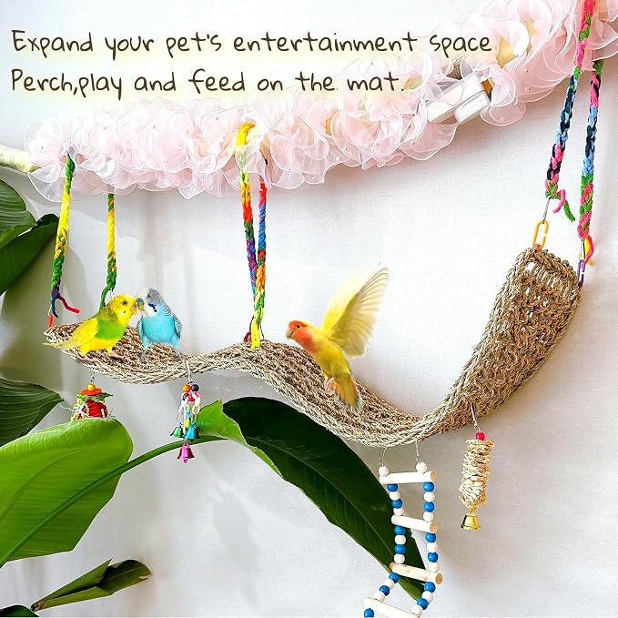 Bird Seagrass Mat 39.4×7" Long Natural Macaw Woven Net Hammock Hanging on Parrot Cage with Hooks Climbing Ladder Swing Chew Toys for Cockatoo Large Parrot Supplies