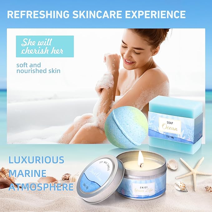 Gifts for Women, Ocean Scented Spa Gift for Women Birthday 7 Luxury Self Care Package, Gift Basket Care Package for Her Wife Mom Friends Female Bff