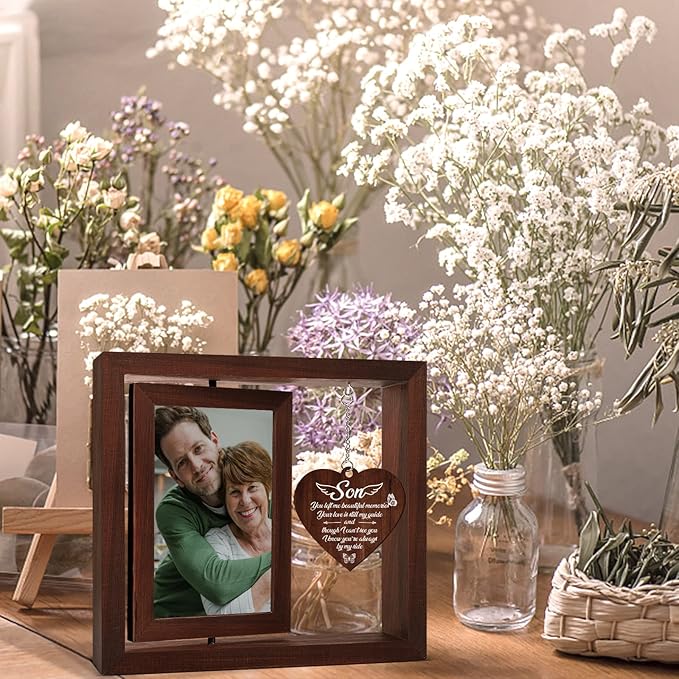 Vetbuosa Memorial Gifts for Loss of Son,Rotating Wooden Picture Frame, Sympathy Gift Keepsake, Healing Grief Gift for Loss of Son, Remembrance for Funerals, Memorial Ceremonies, Fits 4x6 In Photo