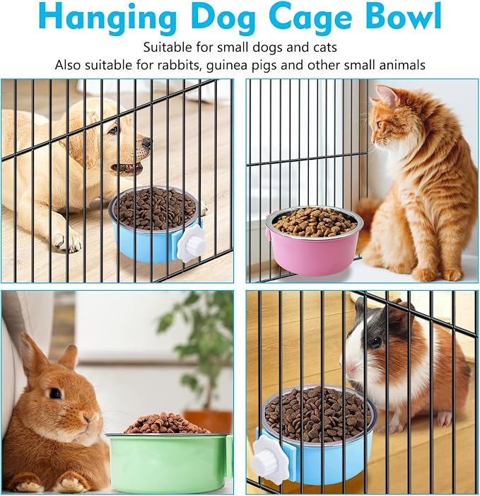 kathson Crate Dog Bowl, Removable Stainless Steel Hanging Pet Kennel Cage Bowl Food & Water Feeder Coop Cup for Puppy, Cat, Rabbit, Guinea Pigs Ferret Bird (2 PCS, Size: M, Blue and Green)