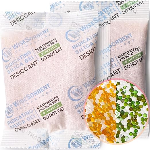[10 Packs] 50g Desiccant Packs, Indicating Silica Gel Packets, Rechargeable Desiccant Packs, Desiccant Moisture Absorber for Storage