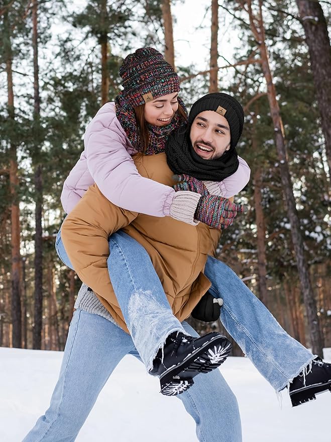 Winter Beanie Hat Scarf Gloves, Warm Fleece Knit Hats Touch Screen Gloves Neck Scarf Set Winter Gifts for Unisex Adult