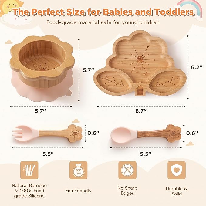 Bamboo Suction Plates Bowls Set for Baby Toddler - Includes Bamboo Bowl, Divided Plate, Silicone Fork & Spoon, All-Natural Baby Feeding Set for Baby-Led Weaning