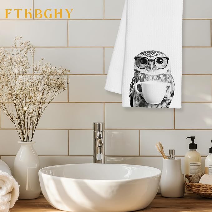 Funny Owl Decor Coffee Kitchen Towels Gift, Gifts for Owl Lovers, Coffee Gifts for Women, Animal Lover Gift Decorative Dish Hand Tea Towels for Kitchen Bar Decor, 16x24 Inch