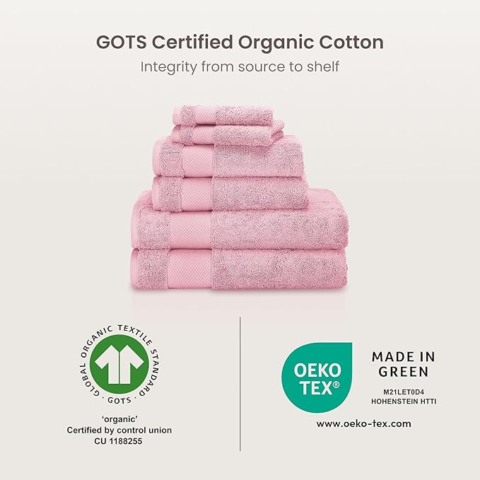 BIOWEAVES 100% Organic Cotton Bath Towel Set | 700 GSM Plush 6-Piece Premium Towel Set GOTS Certified, 2 Bath Towels, 2 Hand Towels & 2 Washcloths - Dusty Pink