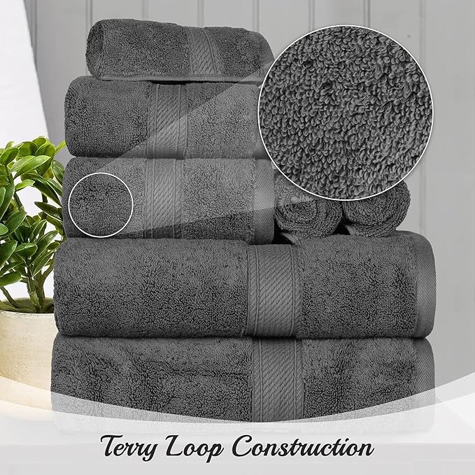 BLUENILEMILLS Madison Egyptian Cotton Towels, Towel Set for Bathroom, Shower, Hotel, Plush, 900 GSM, Highly Absorbent and Ultra-Soft Towels, Bath Essentials, 8 Piece Assorted Towel Set, Charcoal