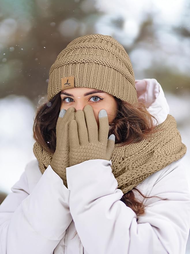 Winter Beanie Hat Scarf Gloves, Warm Fleece Knit Hats Touch Screen Gloves Neck Scarf Set Winter Gifts for Unisex Adult