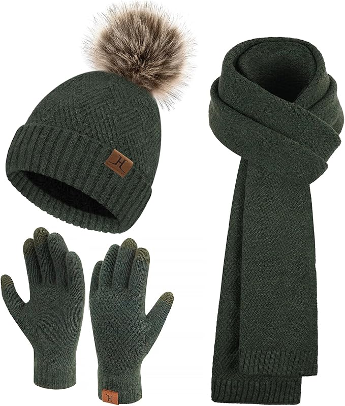 Womens Winter Warm Knit Beanie Hat Long Scarf Touchscreen Gloves Set with Fleece Lined Pom Skull Cap Gifts for Women