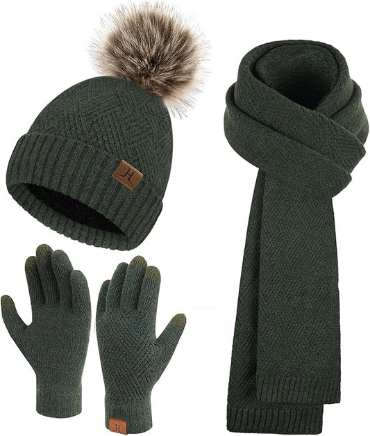 Womens Winter Warm Knit Beanie Hat Long Scarf Touchscreen Gloves Set with Fleece Lined Pom Skull Cap Gifts for Women