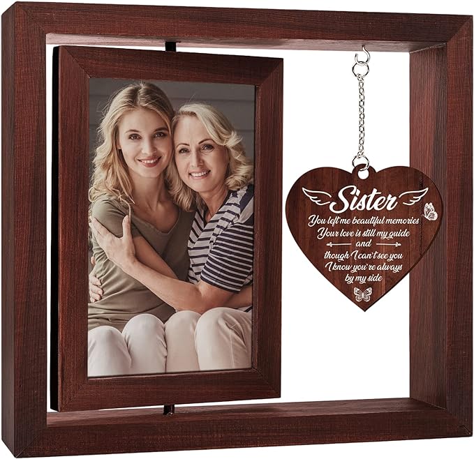 Memorial Gifts for Loss of Sister,Rotating Wooden Picture Frame, Sympathy Gift Keepsake, Healing Grief Gift for Loss of Sister, Remembrance for Funerals, Memorial Ceremonies, Fits 4x6 In Photo
