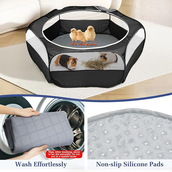 Pawaboo 2-in-1 Small Animals Playpen with Pad, Black+Gray | Waterproof, Reusable Pad, Portable Outdoor Yard Fence with 3 Metal Rod, For Chick/Kitten/Guinea Pig/Rabbits/Chinchillas
