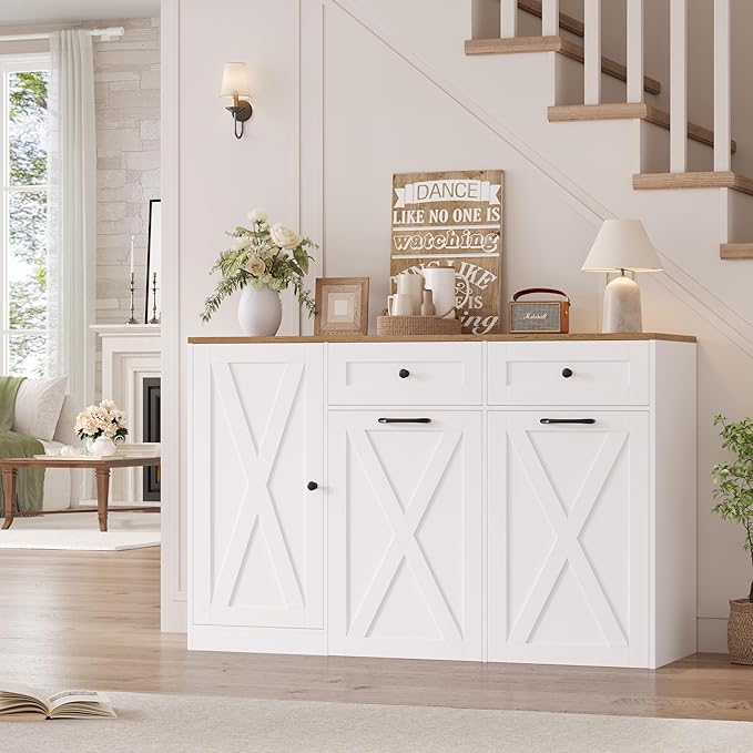 HOSTACK 12.5 Gallon Kitchen Trash Cabinet, 47" Double Trash Can Cabinet, Large Pull Out Can Storage Drawers, Wood Farmhouse Hidden Garbage Storage Buffet for Kitchen, Dining Room, White