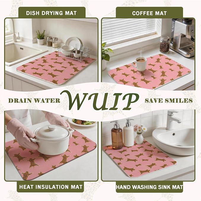 Pink Leopard Dish Drying Mats for Kitchen Counter, Retro Cheetah Animal Print Absorbent Reversible Coffee Bar Mat Drying Pad for Leopard Kitchen Decor, 12x15 Inch