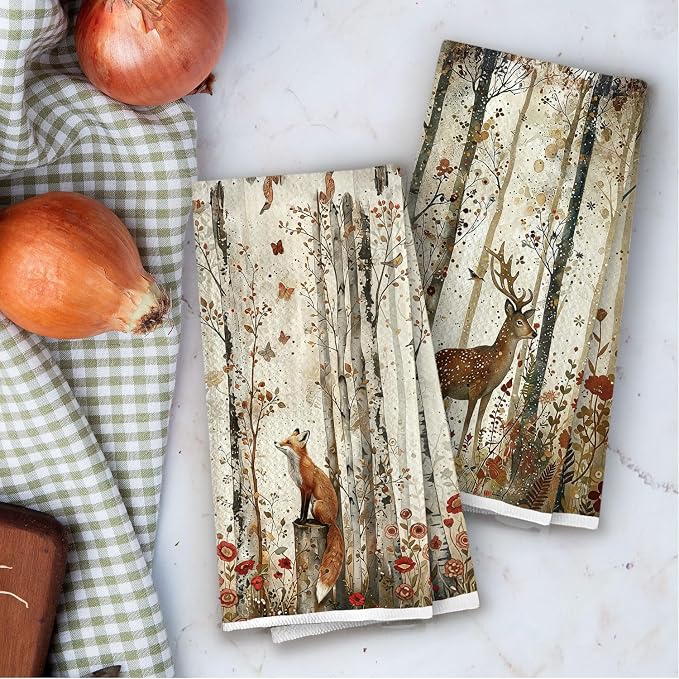 Forest Animal Kitchen Towels - Farmhouse Woodland Animals Decorative Waffle Dish Towels, Rustic Deer Fox Hand Towel, Camper Nursery Tea Towel for Kitchen Decor, 16x24 Inch Set of 2