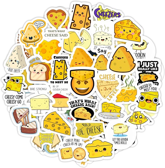 Funny Cheese Stickers for Water Bottle and Laptop - Cheese Party Supplies & Decorations, Waterproof Vinyl Decals, Food Stickers, Gifts for Women & Men