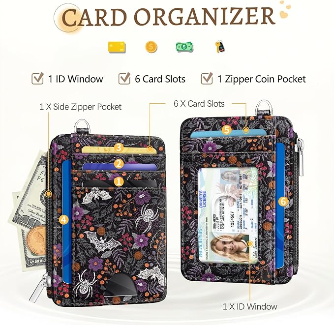 Kelvoris Credit Card Holder Small Wallet Women, Slim RFID, Goth Bat Spider | Keychain, Zipper Coin Pocket, Front Pocket Thin Travel Card Case, Minimalist, 6 Card Slots, 1 ID Window, Ladies Gifts Woman