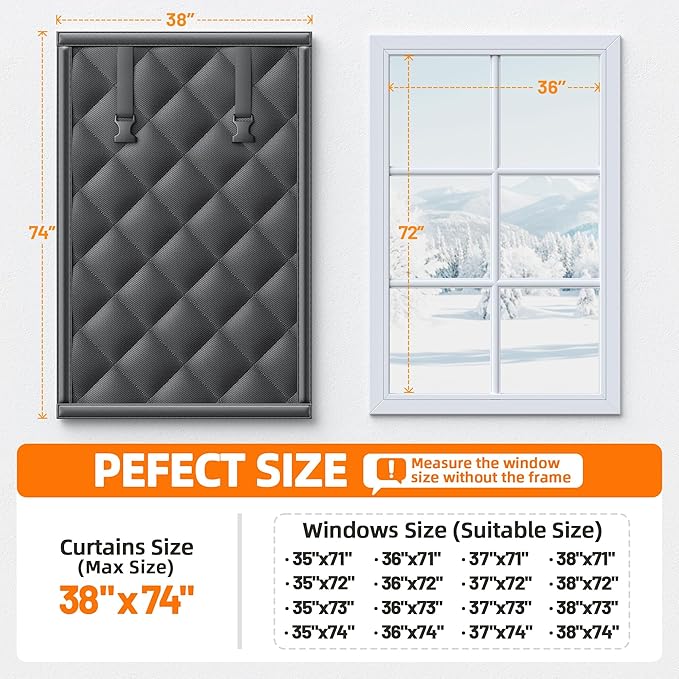 Window Insulation Kit for Winter 38"x74" Cold Weather Thermal Curtain with Heavy Cotton, Insulated Window Cover for Winter & Windows Draft Blocker for Winterizing Windows in Home RV Basement–Black