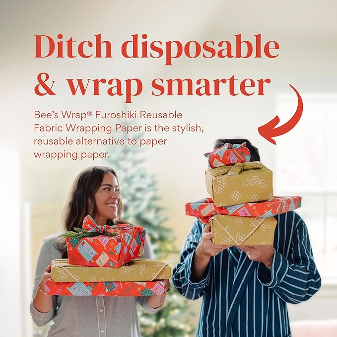 Bee's Wrap Furoshiki Reusable Cotton Fabric Wrapping Paper - Seasons Greetings Pack of 4 Gift Wraps - Gift Wrapping Supplies - Eco Friendly Alternative to Bags and Paper Rolls