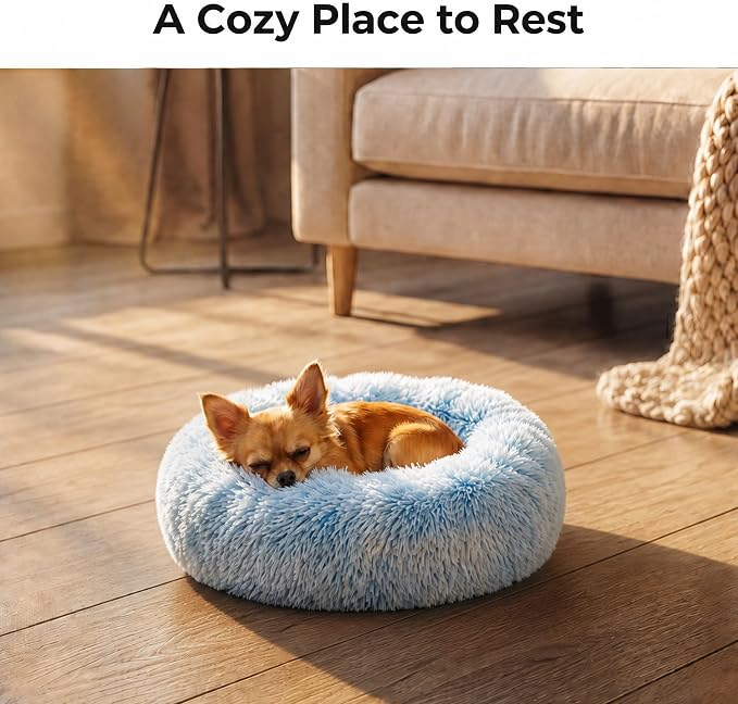 Tiny Dog Bed for Extra Small Dogs for Chihuahua Pomeranian Toy Poodle | 15 Inch Washable Puppy Bed,Soft Faux Fur Calming Donut Bed,Blue and White